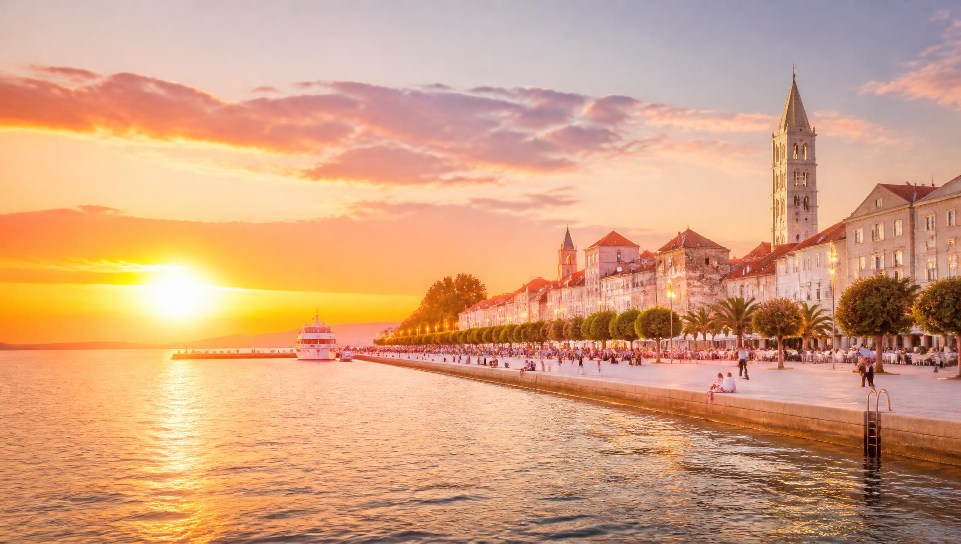 Zadar u zalasku sunca — pogled na rivu i more